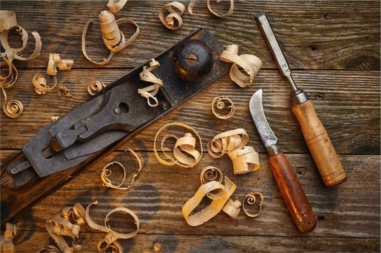 Woodworking tools on a workbench
